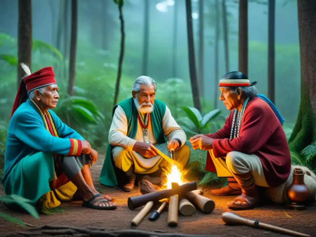 Elderes indígenas de Uruguay practicando técnicas ancestrales en la selva Elders uruguayos demostrando técnicas ancestrales de camping en bosque verde
