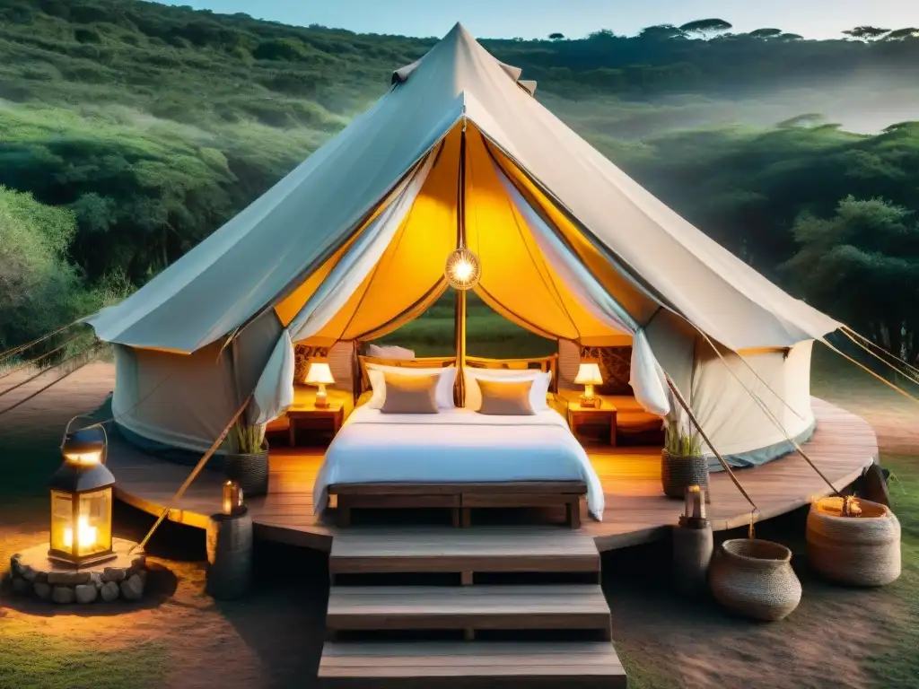Glamping de lujo en Uruguay: un paraíso natural Un elegante glamping en Uruguay: tienda lujosa en entorno natural, cálida luz del atardecer