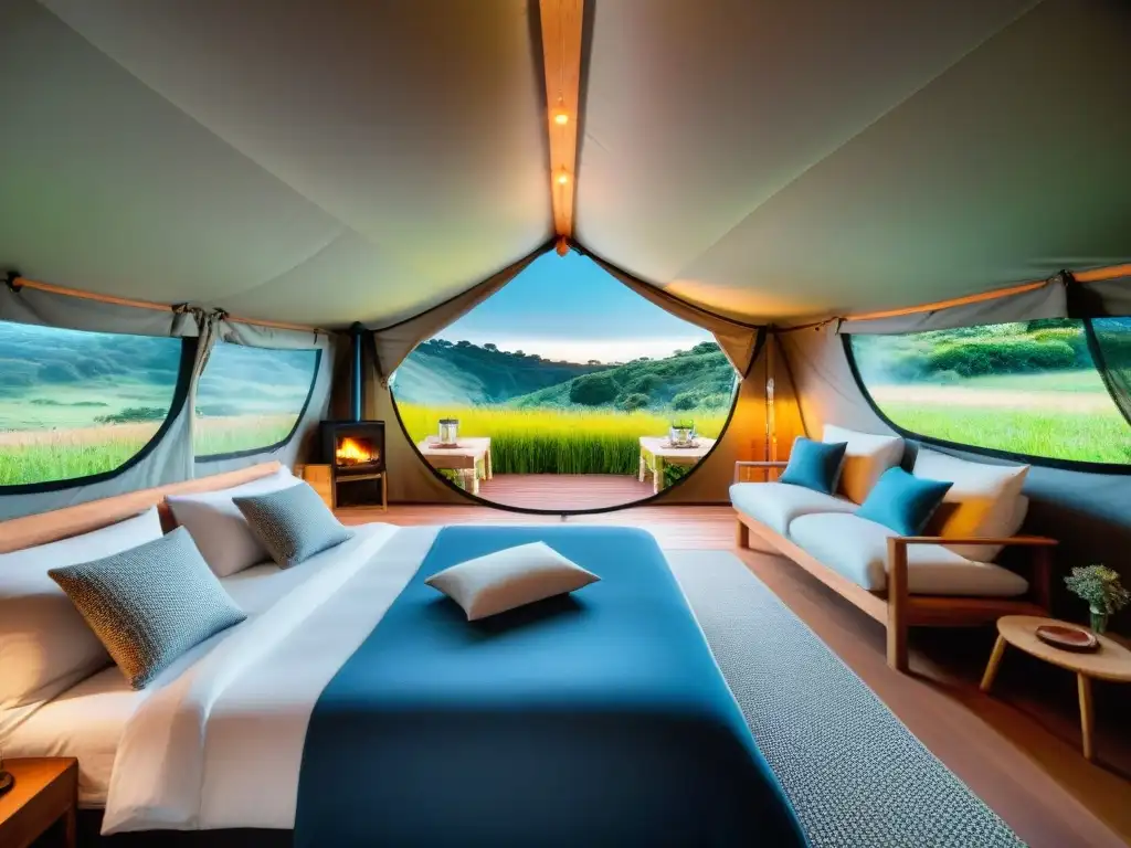 Glamping de lujo en la campiña uruguaya Elegante tienda de glamping en Uruguay, rodeada de exuberante vegetación y decorada con lujo