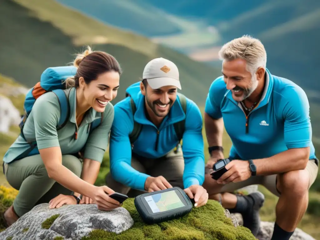 Excitante campamento con GPS en terreno uruguayo Emocionados campistas configuran GPS en terreno uruguayo, rodeados de naturaleza exuberante