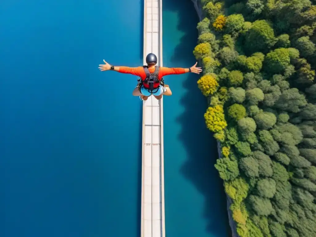 Bungee jumping en Uruguay: emoción extrema en caída libre Emocionante salto de puenting en Uruguay, con cielo azul de fondo