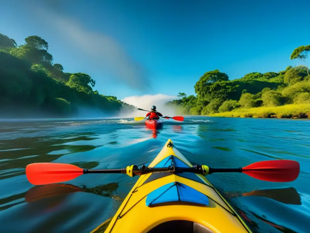 Emoción en el Río Negro: Aventureros surcando rápidos en Uruguay Un emocionante viaje en kayak por el Río Negro en Uruguay, rodeado de naturaleza exuberante y cielo azul vibrante