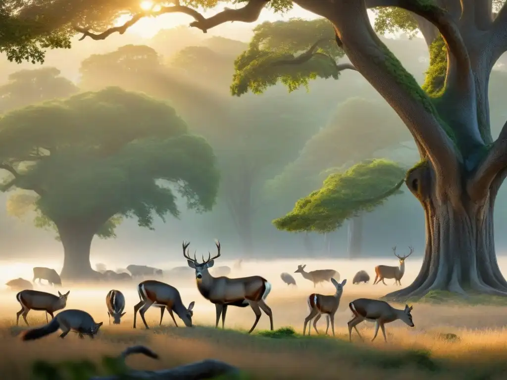 Armonía en el bosque: vida silvestre al amanecer Encuentro seguro con fauna local en un bosque al amanecer: ciervo, pájaro y ardillas conviven en armonía bajo la luz dorada del sol