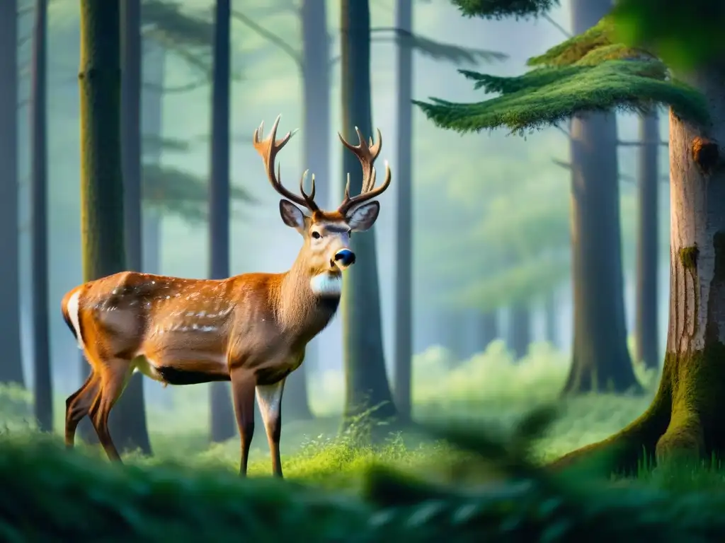 Encuentro sereno: Majestuoso ciervo en bosque soleado Encuentro seguro con fauna local: Majestuoso ciervo en un claro boscoso, reflejando paz y armonía con la naturaleza