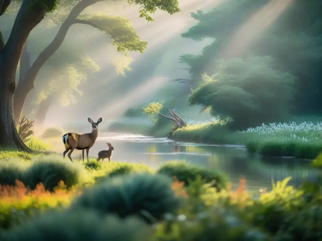 Armonía en la naturaleza: fauna local en su hábitat natural Encuentro seguro con fauna local en armonía en la naturaleza: ciervos, conejos y aves en un bosque sereno