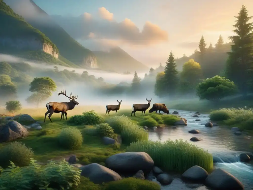 Armonía en el bosque: atardecer sereno con fauna silvestre Encuentro seguro con fauna local: Atardecer sereno sobre bosque verde con animales en armonía