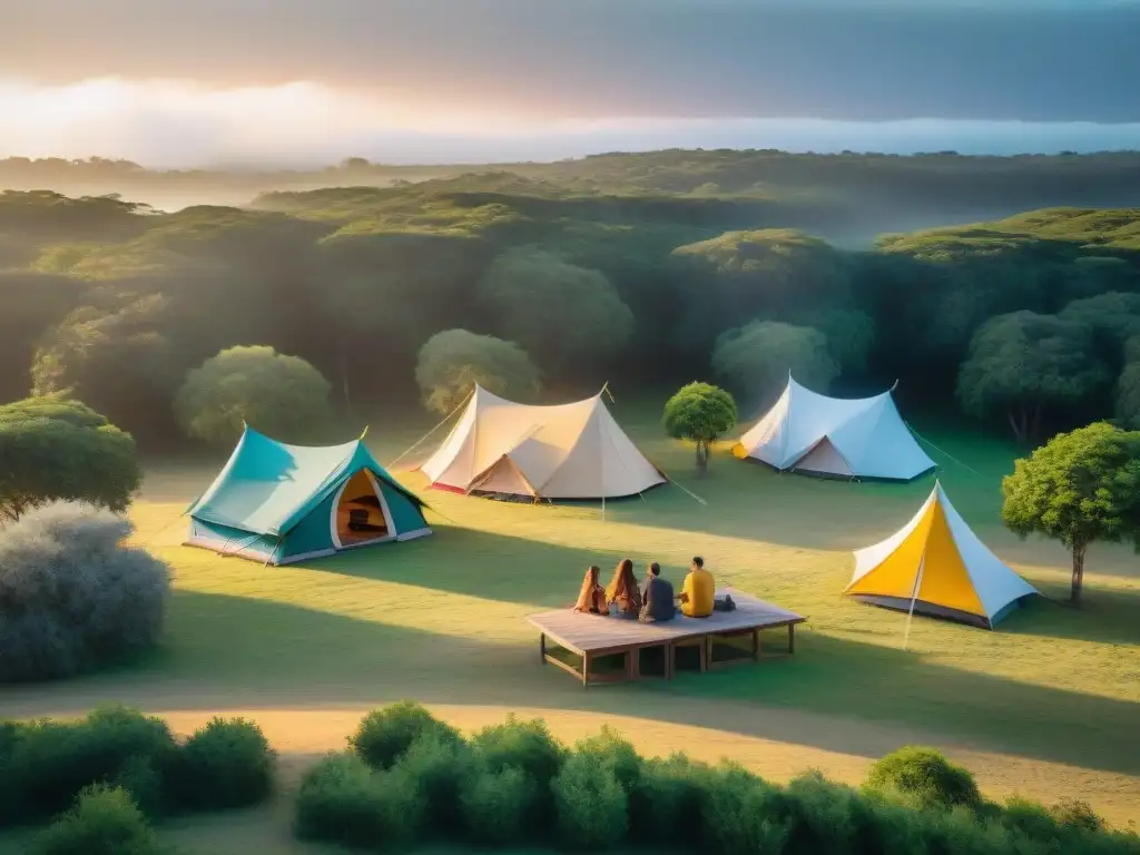Concierto al atardecer en campamento musical en Uruguay Encuentros musicales camping Uruguay: Campamento musical entre árboles verdes, música en vivo al atardecer, unión y naturaleza