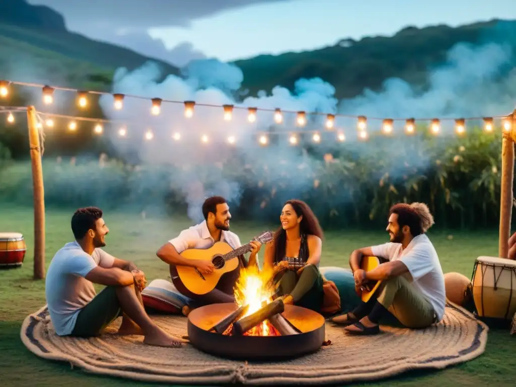 Encanto musical alrededor de la fogata en Uruguay Encuentros musicales en camping Uruguay: Campistas alrededor de fogata, tocando instrumentos y cantando bajo luces y árboles verdes al atardecer