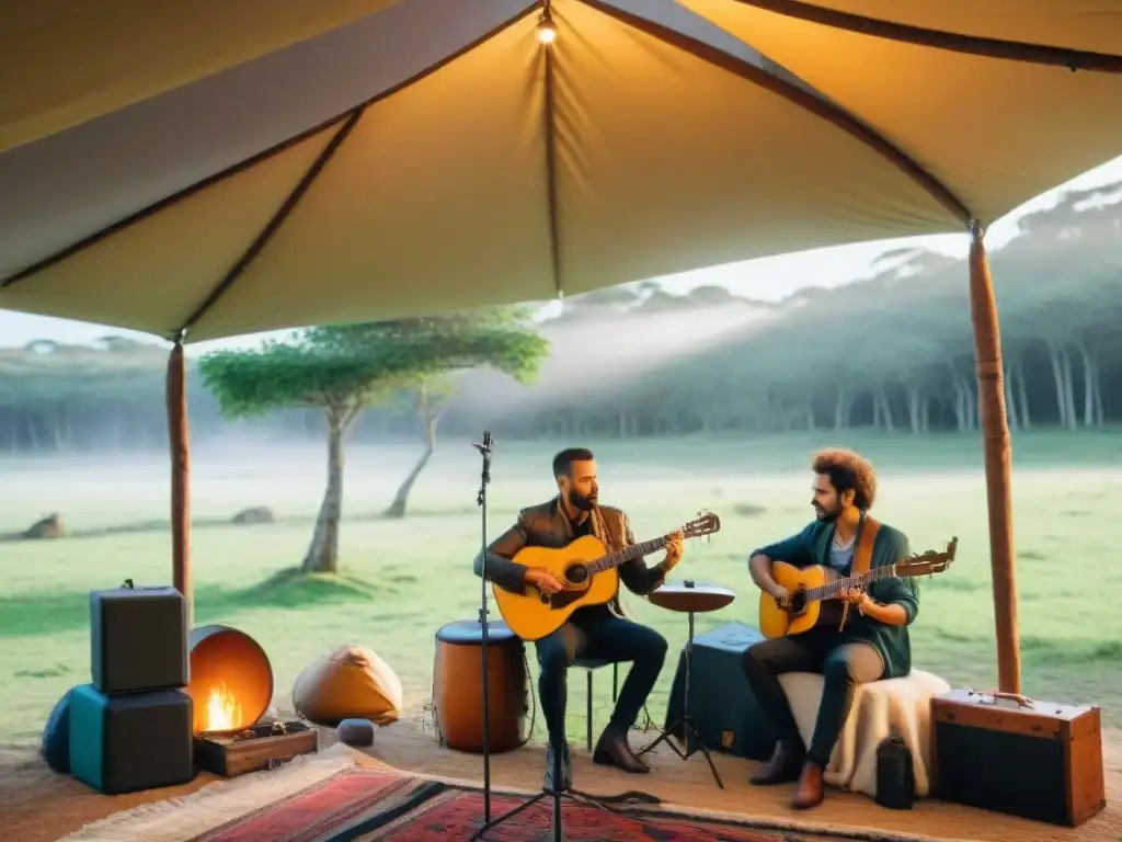 Concierto al atardecer en camping de Uruguay Encuentros musicales en camping Uruguay: Grupo de músicos diversos tocando bajo árboles verdes en atardecer dorado
