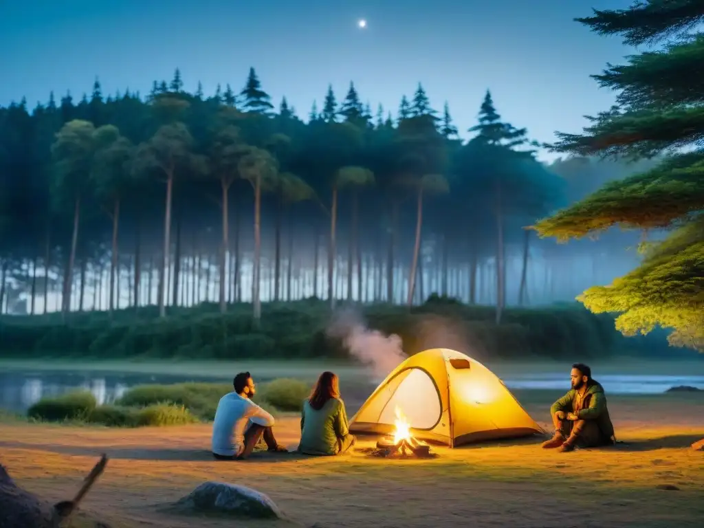 Enseñanzas de conservación en campamento familiar al atardecer en Uruguay Niño escucha enseñanzas sobre responsabilidad ambiental en camping Uruguay