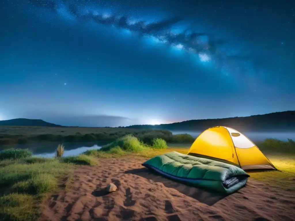 Camping nocturno en Uruguay: Aventura bajo las estrellas Épica escena de camping en Uruguay de noche con las mejores bolsas de dormir, bajo un cielo estrellado