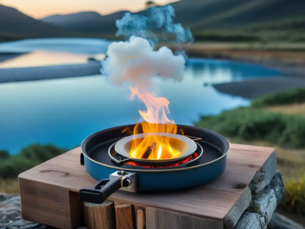 Cocina portátil en acción: campamento en Uruguay Equipamiento camping Uruguay imprescindible: Cocina portátil en acción en un escenario natural idílico