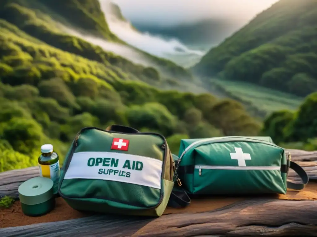 Kit de primeros auxilios en mochila en bosque de Uruguay Equipamiento camping Uruguay imprescindible: Mochila abierta con suministros de primeros auxilios en bosque verde
