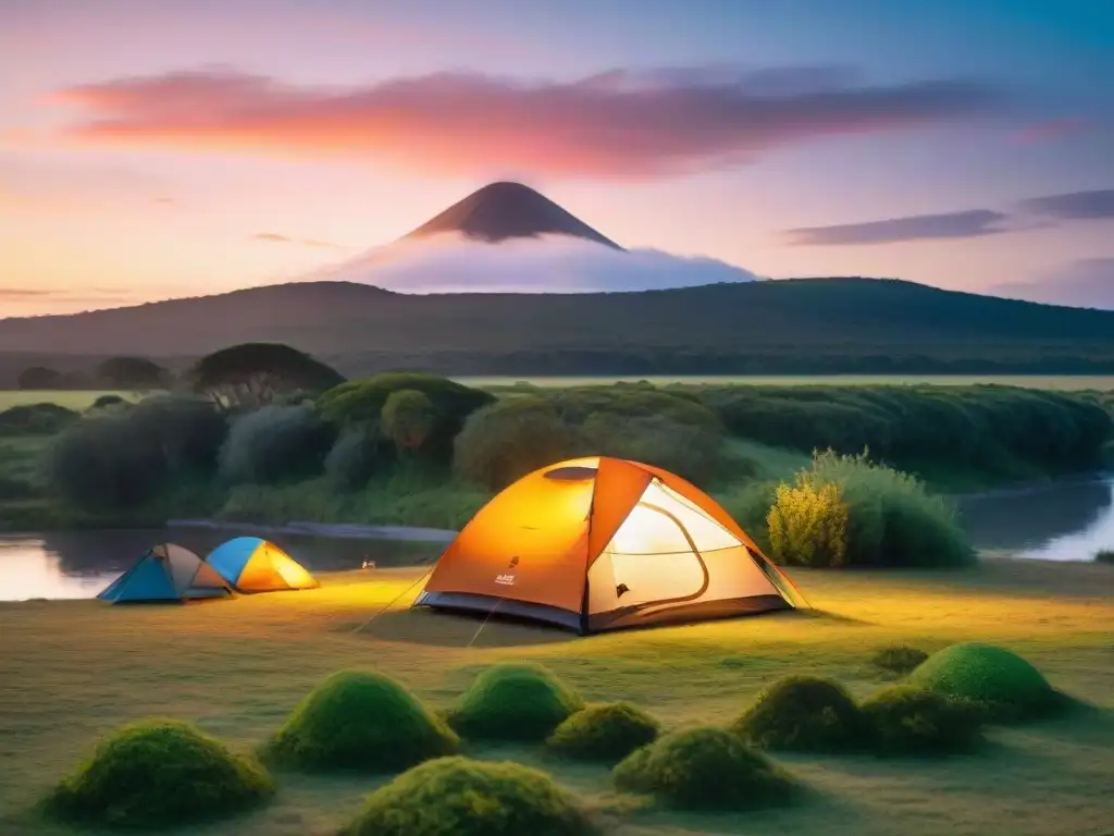 Atardecer vibrante en campamento tranquilo en Uruguay El equipo de camping imprescindible en Uruguay: una tienda acogedora iluminada al atardecer junto a un río tranquilo y vegetación exuberante