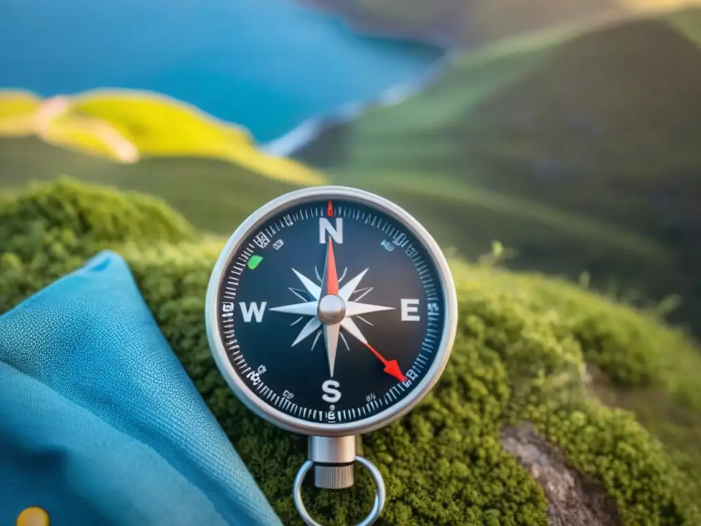 Exploración en Uruguay: brújula sobre mapa topográfico Equipo camping Uruguay: brújula en mapa topográfico con gadgets de orientación, listo para aventuras en la naturaleza