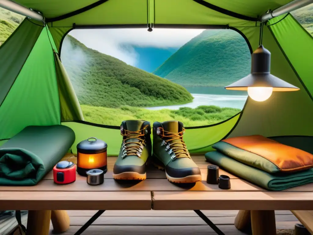 Equipo de campamento listo para la aventura en Uruguay Equipo de camping en mesa de madera con estufa, botas, linterna, multiherramienta y mapa topográfico de Uruguay, en campamento verde