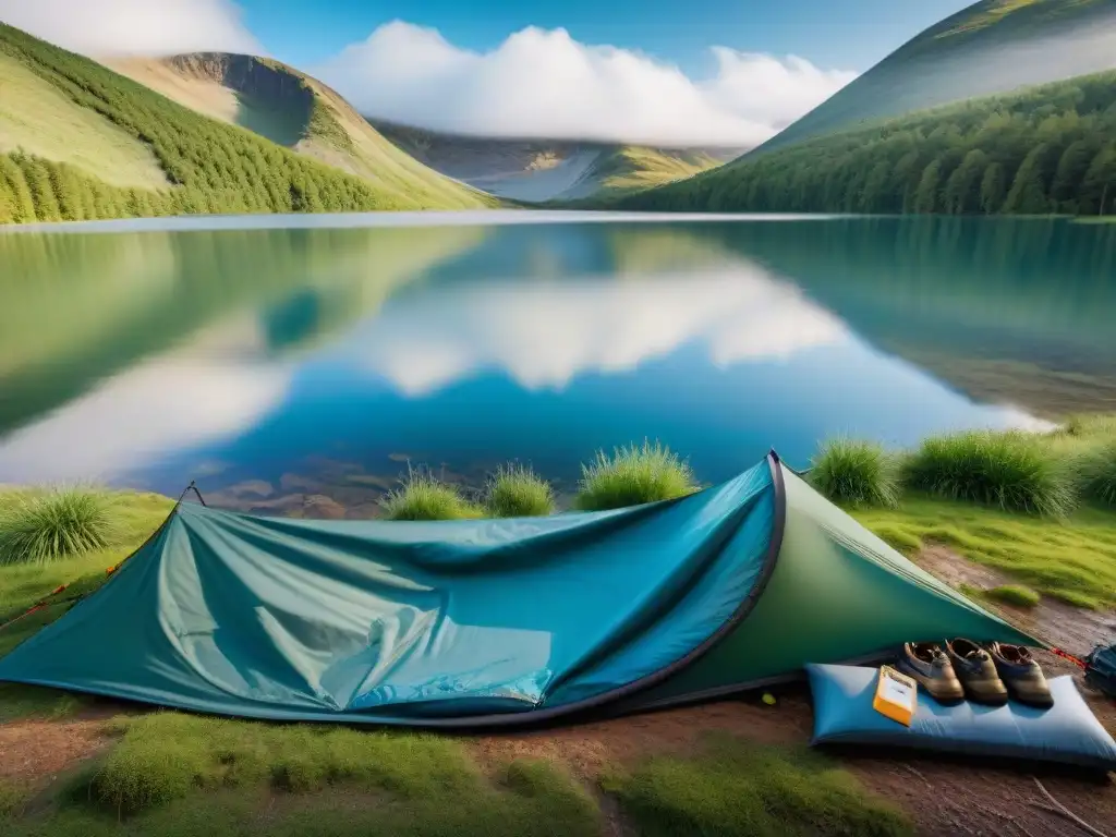Equipo de camping protegido: tienda, saco de dormir y mochila bajo cubiertas impermeables en entorno natural Equipo de camping protegido por fundas impermeables en entorno natural con lago y árboles