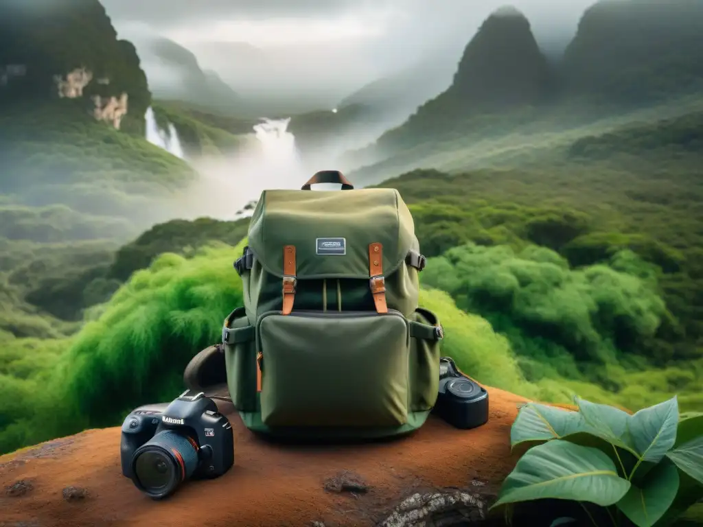 Equipo fotográfico en la selva de Uruguay Equipo de fotografía y campismo en bosque de Uruguay con accesorios fotográficos esenciales
