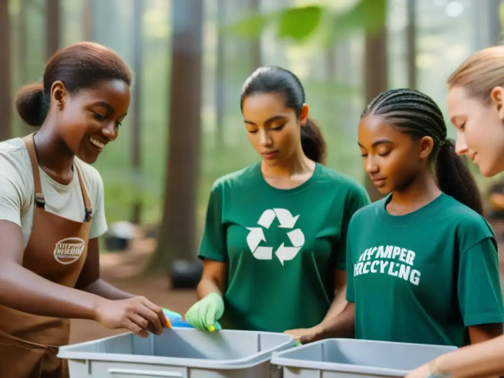 Equipo de campamento reciclando juntos en el bosque Un equipo de campistas clasifica con cuidado los reciclables en un campamento, unidos en su misión