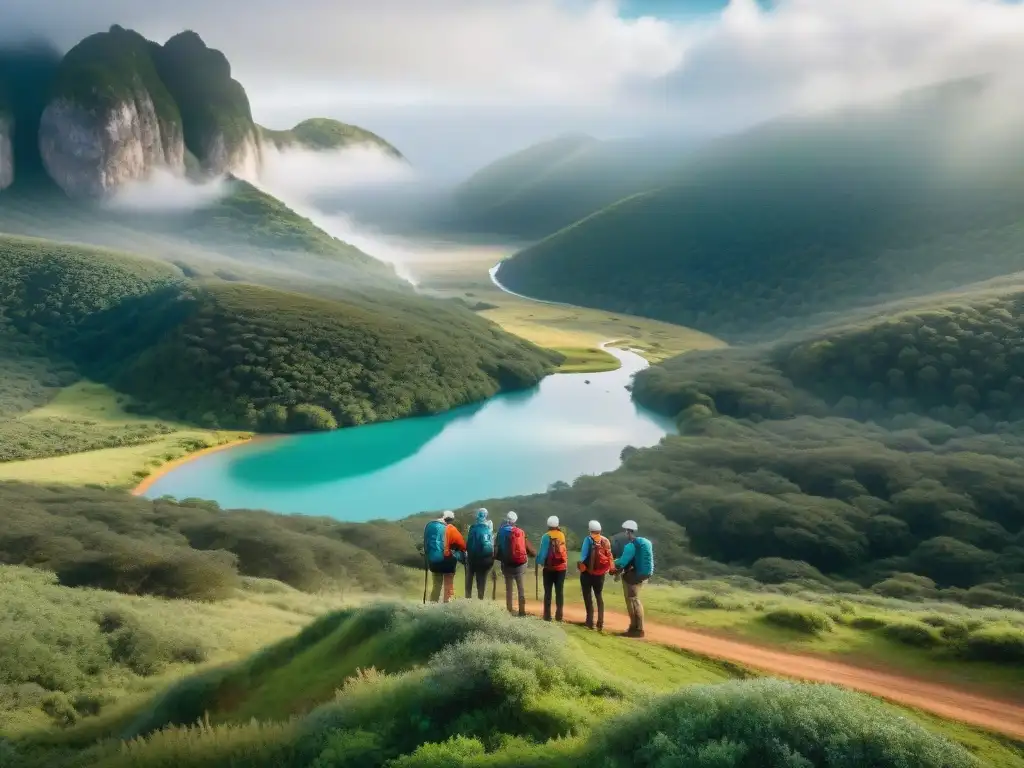 Exploradores expertos en Uruguay: orientación en la naturaleza Un equipo diverso de campistas experimentados utilizando técnicas de orientación en Uruguay para navegar el terreno desafiante