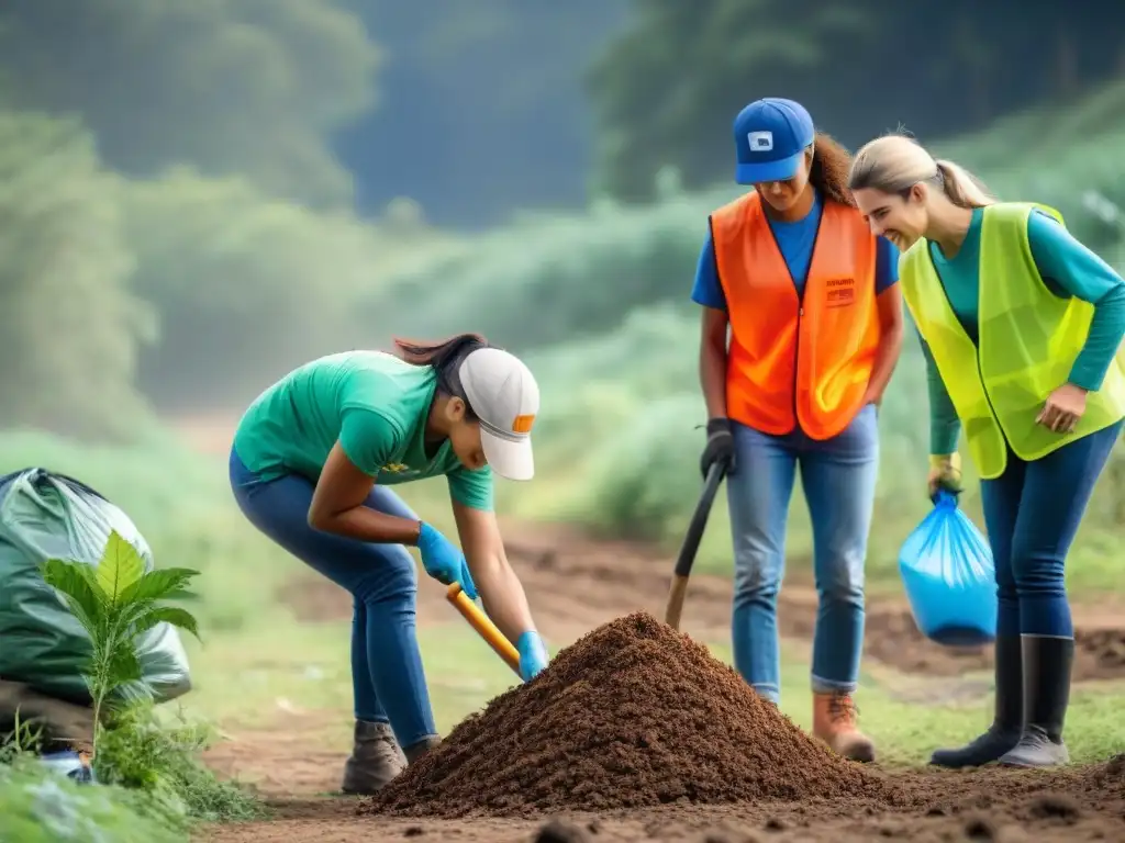 Voluntarios en acción: Sembrando árboles y limpiando el ambiente en Uruguay Un equipo diverso de voluntarios en acción en un campamento ambiental en Uruguay