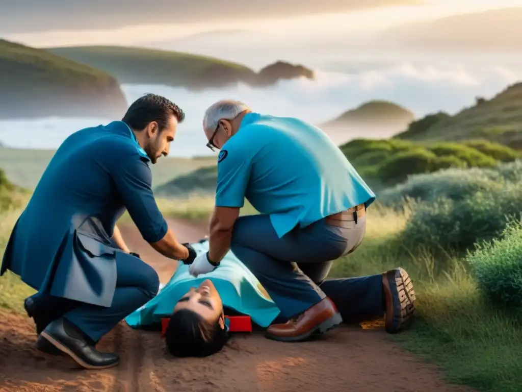 Emergencia médica en Uruguay: atención profesional en paisaje remoto Equipo de emergencia asiste a viajero en excursión en Uruguay, mostrando paisaje y preocupación