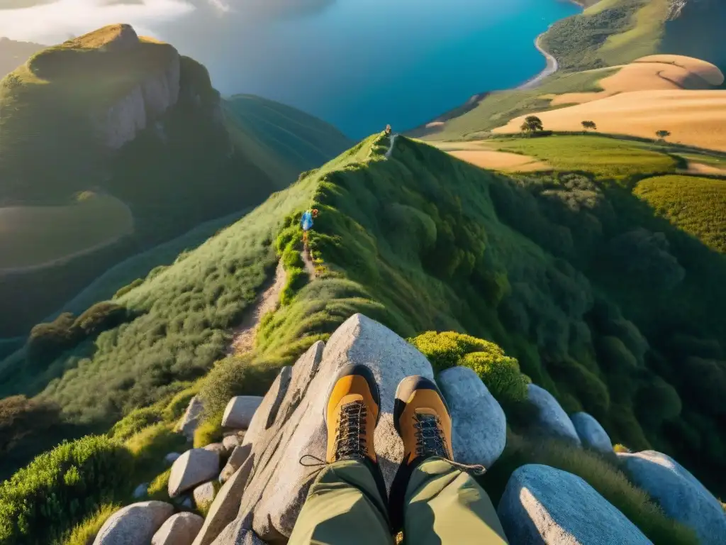 Escalada épica al atardecer en Uruguay Equipo de escalada para camping: Grupo de valientes escaladores ascendiendo un escarpado acantilado al atardecer en Uruguay