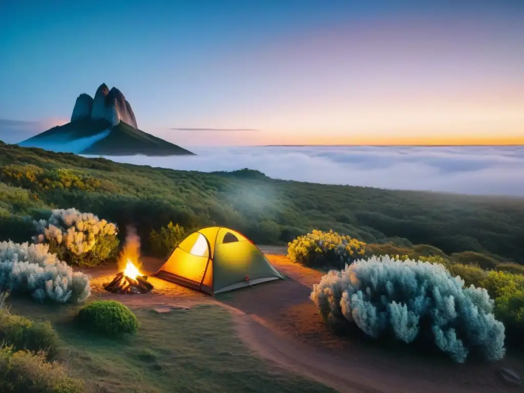 Campamento acogedor al atardecer en Uruguay Equipo esencial camping Uruguay: Campamento acogedor al anochecer, con tienda iluminada y fogata brillante en paisaje uruguayo