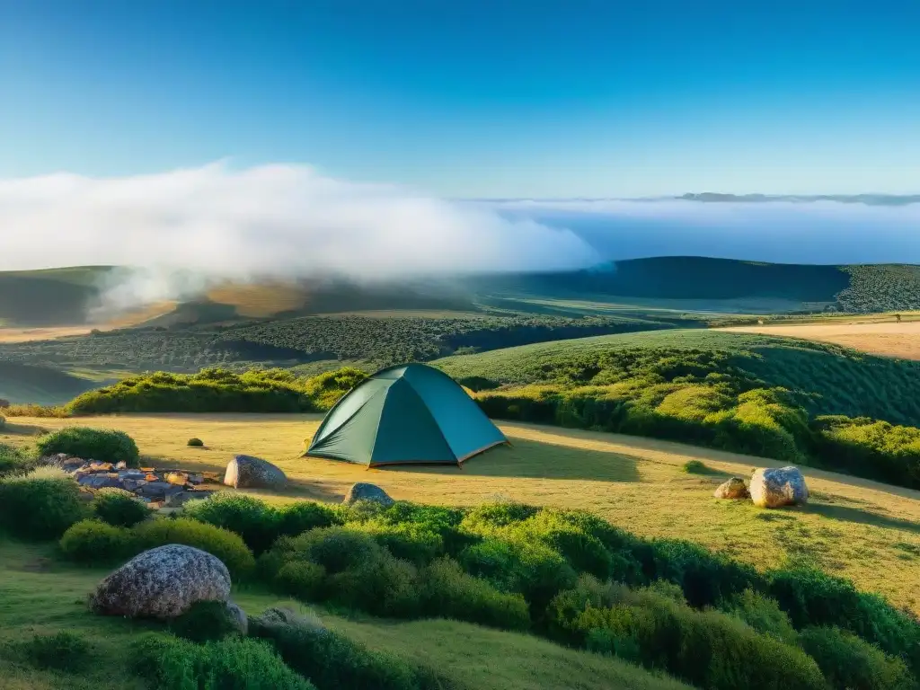 Explora la naturaleza virgen de Uruguay en un campamento perfecto Equipo esencial de camping en Uruguay: vista panorámica de paisajes vastos y agrestes, con vegetación exuberante y un cielo azul claro