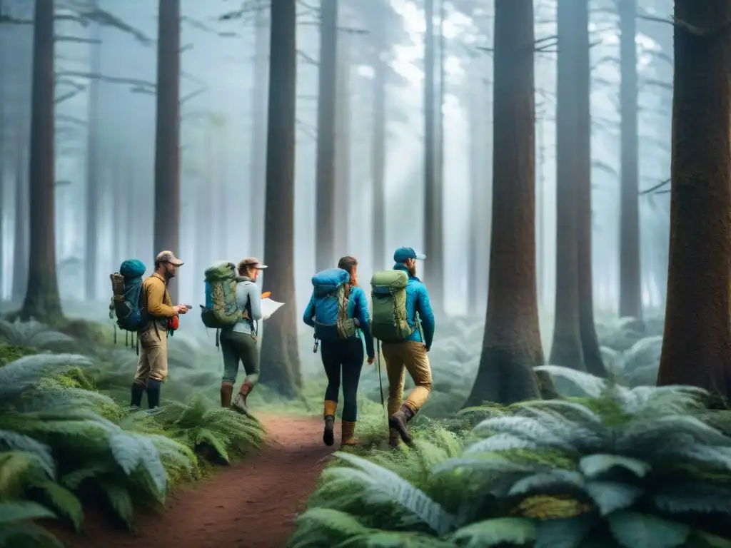 Equipo de expertos en orientación explorando bosque en Uruguay Equipo de excursionistas experimentados en Uruguay, consultando mapa y brújula en un denso bosque