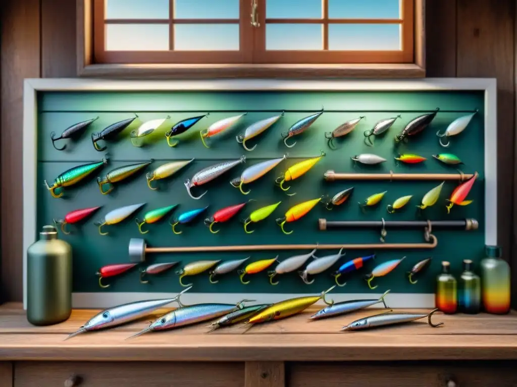 Anzuelos y Señuelos de Pesca: Detalles Coloridos en Mesa de Madera Equipo de pesca para camping: Detalle de anzuelos y señuelos coloridos sobre mesa rústica