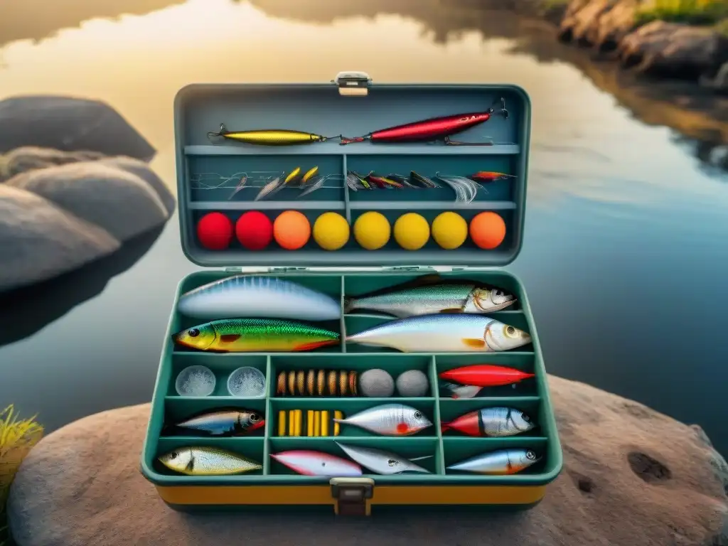 Equipo de pesca organizado junto al río: Uruguay Un equipo de pesca para camping perfectamente organizado junto al río uruguayo al atardecer