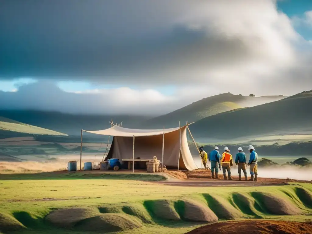 Construcción de refugios resistentes en Uruguay Un equipo de trabajadores construye refugios resistentes en el áspero paisaje uruguayo