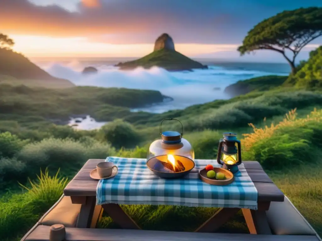 Camping sostenible en Uruguay: Naturaleza y eco-amigabilidad Equipos ecoamigables en camping sostenible Uruguay con atardecer colorido y naturaleza exuberante