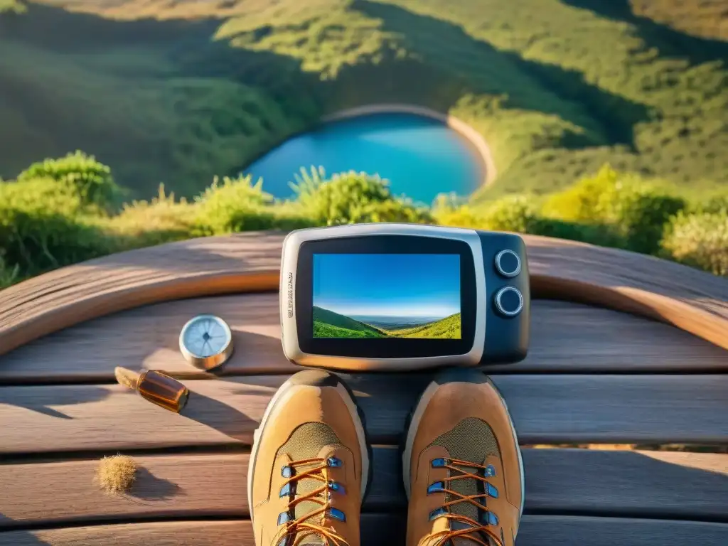 Aventura en Uruguay: GPS, brújula y mapas en campamento Escena de acampada en Uruguay con GPS de mano, mapa topográfico, brújula y botas de senderismo