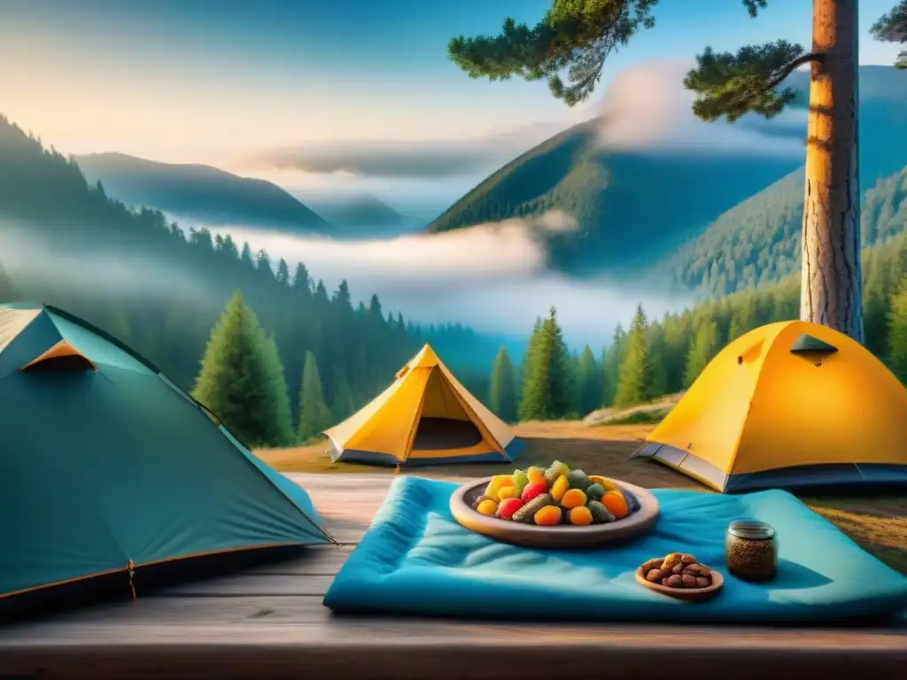 Amanecer sereno en campamento de montaña: tienda colorida, frutas secas y naturaleza Escena de acampada en la montaña al amanecer con tienda colorida y snacks deshidratados para caminatas largas