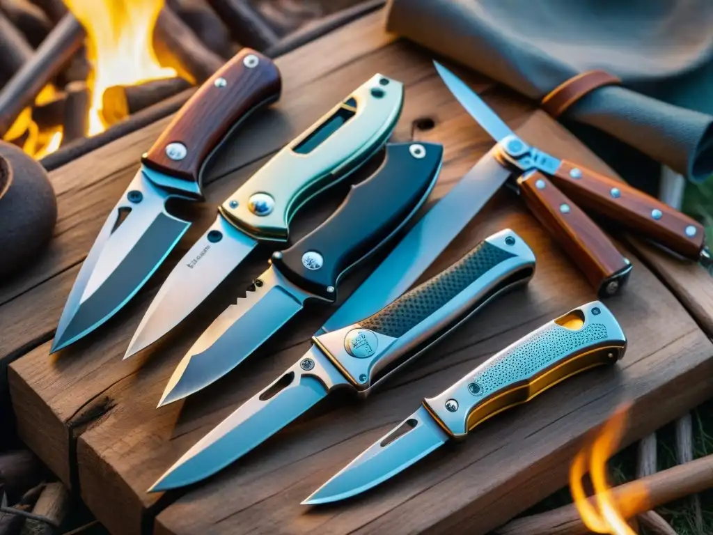 Selección de navajas multitool para camping en Uruguay Una escena acogedora en un campamento al atardecer en Uruguay, con las mejores navajas multiusos para camping brillando bajo la luz de la fogata