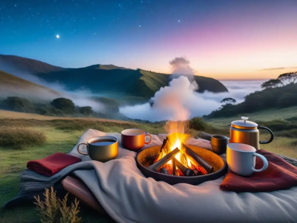 Fogata y mates en campamento rústico al atardecer en Uruguay Escena acogedora de camping en Uruguay al anochecer con bebidas calientes, fogata y naturaleza
