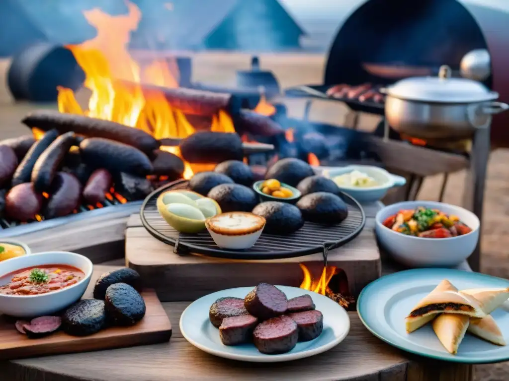 Escena de asado uruguayo al atardecer con platos típicos y glampers Una escena de asado uruguayo al aire libre al atardecer, con mesa rústica y platos típicos, mientras glampers disfrutan en tiendas de lujo