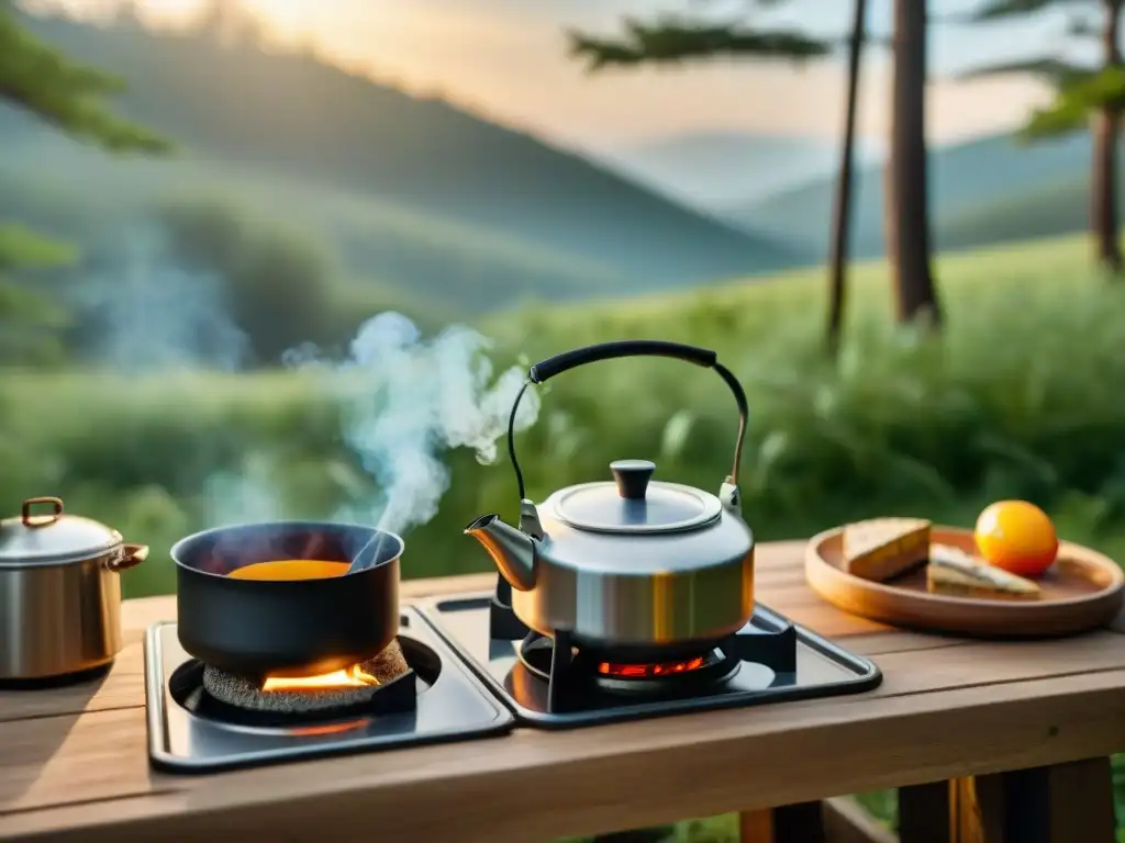 Campamento acogedor en el bosque: cocina al aire libre Escena cálida en el bosque: cocina de camping con estufa portátil, utensilios y silla rústica