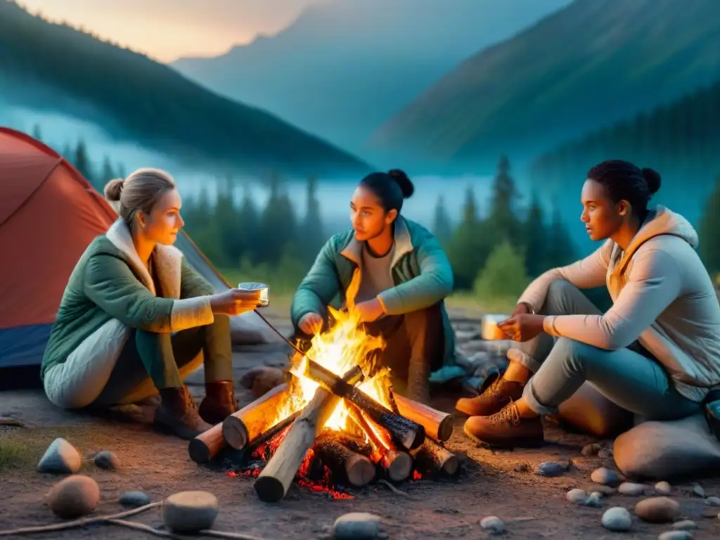 Escena de campamento: primeros auxilios alrededor de la fogata Escena de campamento en la noche: un campista cura una herida en la mano de otro