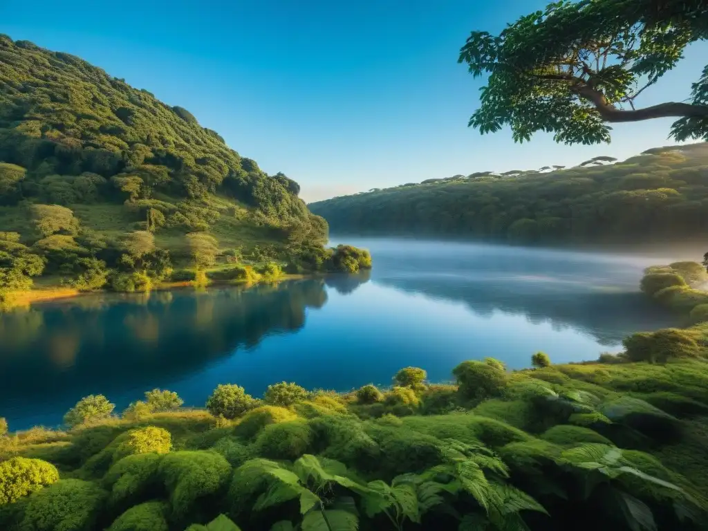 Campamento sereno en Uruguay: naturaleza exuberante y río cristalino Escena de campamento sereno en Uruguay, con rutas de camping en Uruguay