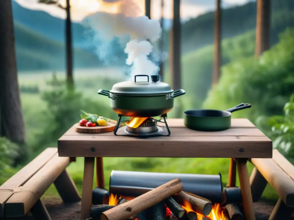 Estufa de camping en el bosque: aventura culinaria al aire libre Escena de camping acogedora con cocina portátil en el bosque