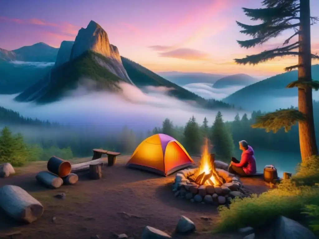 Campamento mágico al atardecer en el bosque Escena de camping aventurero en el bosque con atardecer colorido