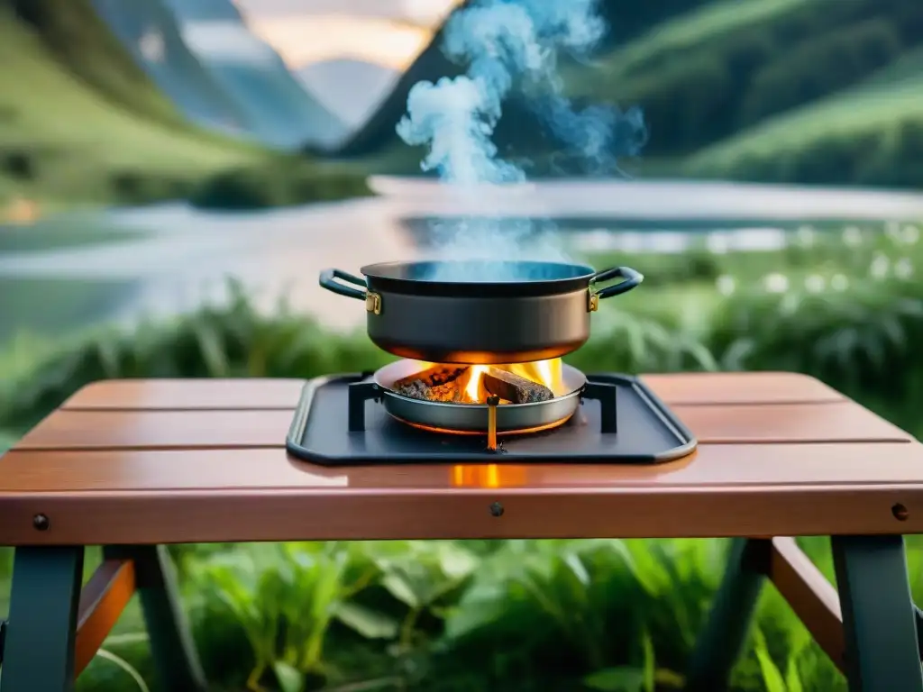 Cocina al aire libre: estufa de camping en plena naturaleza Escena de camping con cocina portátil en medio de la naturaleza
