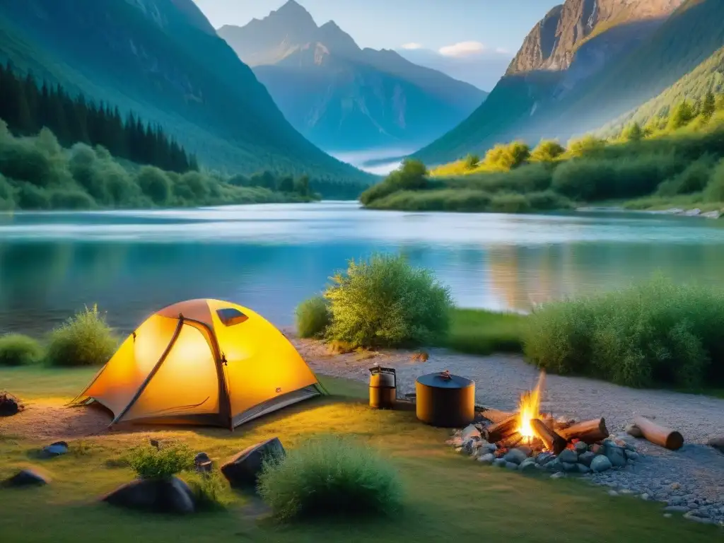 Camping sostenible en un paraíso natural Escena de camping eco-friendly: tienda en prado verde junto a río cristalino y montañas