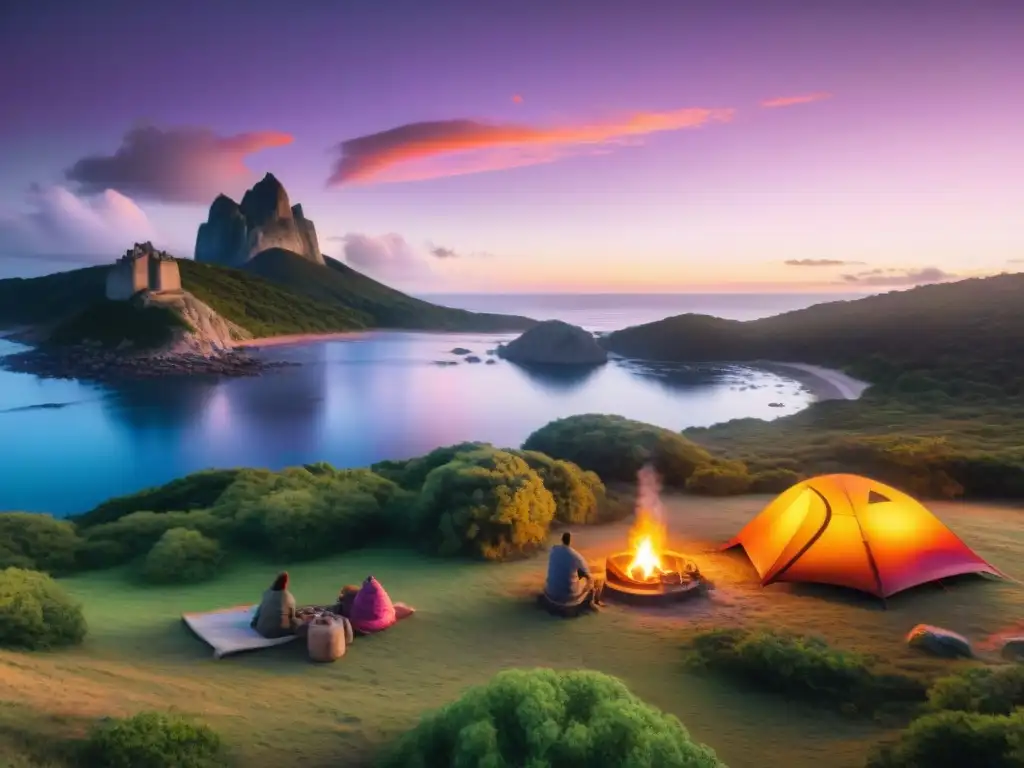 Campamento familiar en Uruguay: atardecer mágico junto al lago Escena de camping familiar en Uruguay al atardecer: cielo colorido, lago tranquilo y familia disfrutando juntos