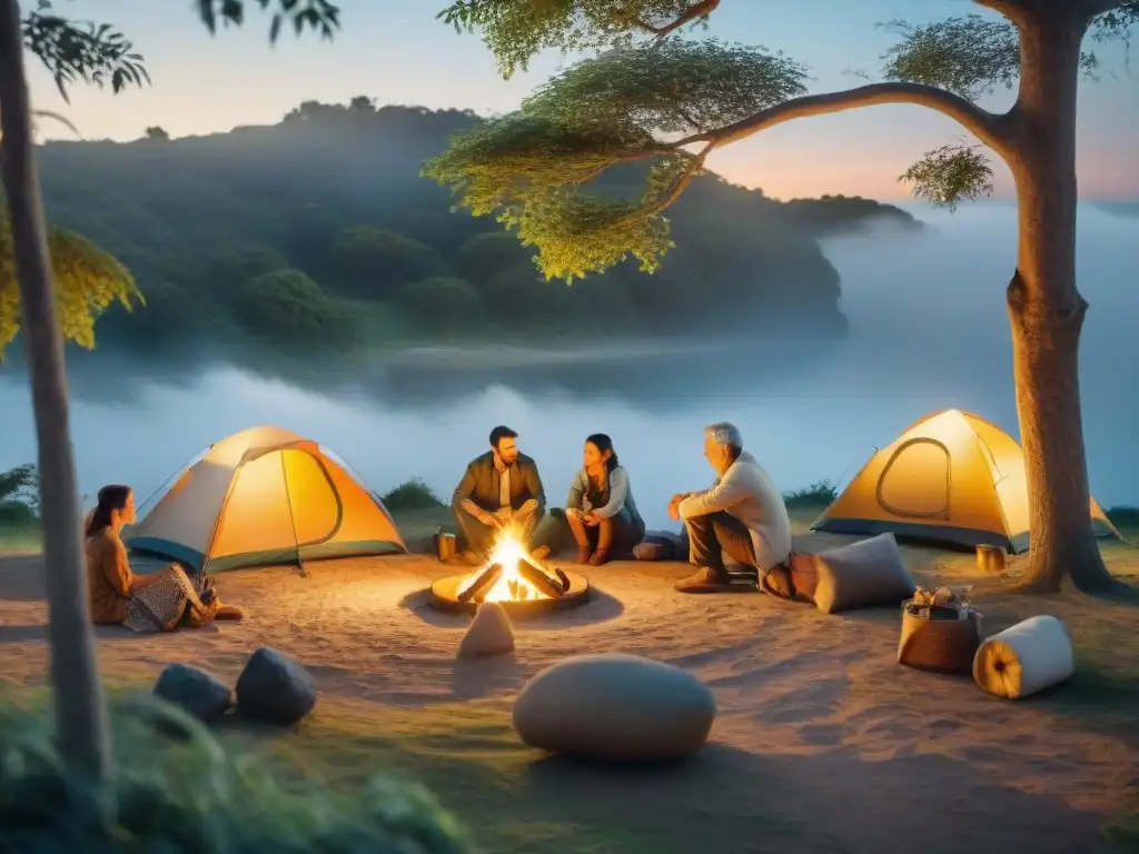 Campamento familiar en Uruguay al atardecer: tradición y unión generacional Una escena de camping tradición familiar en Uruguay al anochecer, con múltiples generaciones compartiendo actividades alrededor de la fogata