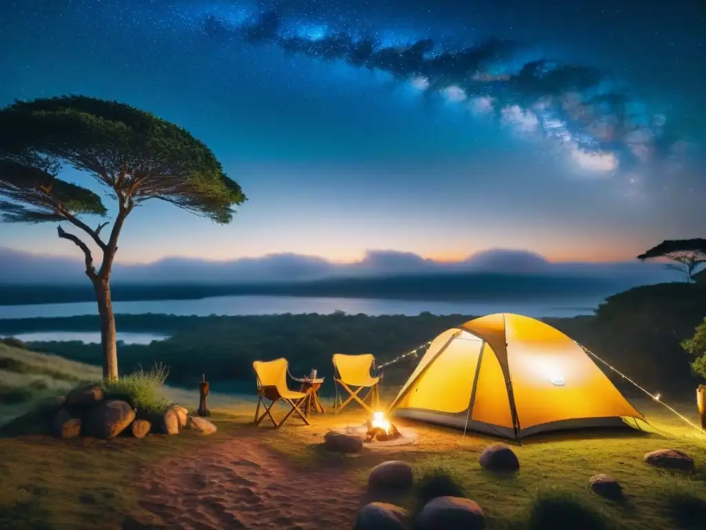 Glamping de lujo en Uruguay: tienda en entorno natural al atardecer Escena de camping de lujo en Uruguay: tienda iluminada rodeada de naturaleza exuberante y río cristalino al atardecer