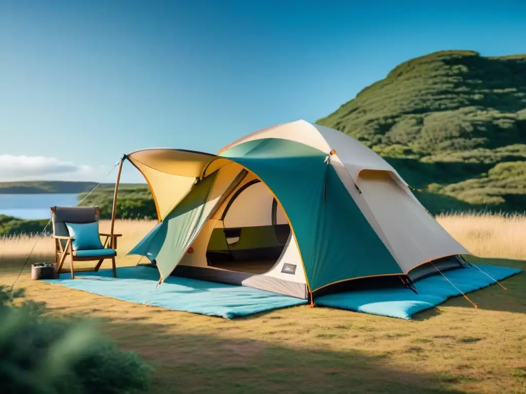 Campamento de lujo en Uruguay: confort y sofisticación en la naturaleza Escena de camping de lujo en Uruguay con tienda y equipamiento elegante